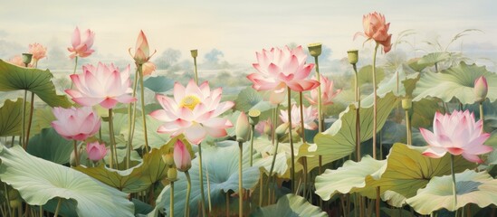 An art piece depicting a natural landscape with a field of pink lotus flowers surrounded by green leaves under a clear blue sky
