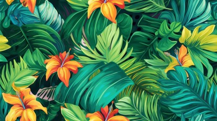 Creative tropical green leaves layout, background. Nature spring concept. Flat lay - obrazy, fototapety, plakaty