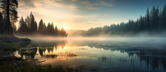 A serene natural landscape with a foggy lake reflecting the colors of the sunset sky, surrounded by trees creating a mystical atmosphere at dusk