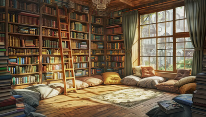 Vintage Bookstore Charm: An artistic rendering of a cozy bookstore filled with old books, wooden shelves, and soft reading nooks