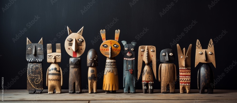 Poster a collection of wooden animals are displayed in a row on a table at a rusticthemed event, creating a