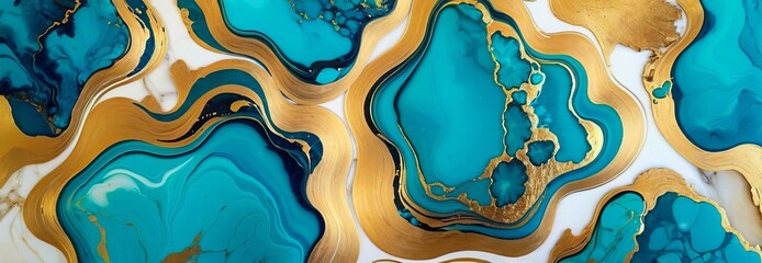 Elegant texture of ocean blue and stained marble. Luxurious gold and blue marble pattern, oil paint, alcohol ink style. Background and wallpaper concept. top view