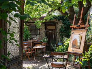 A hidden corner with an artist's easel bathed in gentle sunlight among greenery and a rustic setting