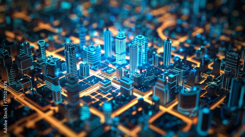 Poster a city with futuristic architecture is illuminated in shades of blue and yellow, creating a striking