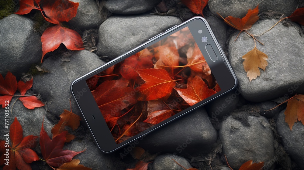 Aufkleber the smartphone is set against a stone texture background with a detailed image on the screen where v