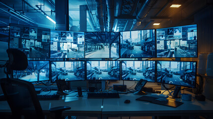 Modern computer room with large LCD screens. Toned image. Selective focus - obrazy, fototapety, plakaty