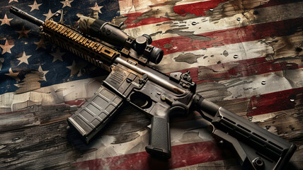 American flag and assault rifle,アメリカ国旗とアサルトライフル,Generative AI	 - obrazy, fototapety, plakaty
