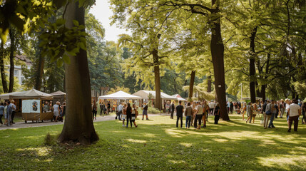Sunlit avenue featuring stalls and visitors at a summer craft fair in a park, showcasing creativity and recreation