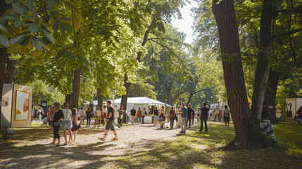 A tranquil art market nestled under tree canopy with attendees leisurely exploring various exhibits