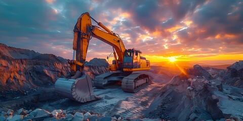 Excavator at sunset in open pit mine with earthmoving equipment at construction site. Concept Excavator, Sunset, Open Pit Mine, Earthmoving Equipment, Construction Site