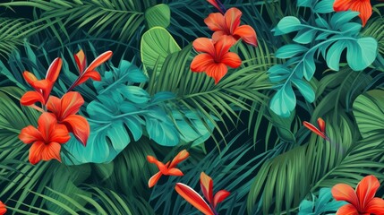Creative tropical green leaves layout, background. Nature spring concept. Flat lay