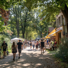 A vibrant outdoor market setup in a woodland area with visitors browsing stalls on a sunny day