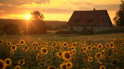 A tranquil scene as the sun sets behind a house surrounded by a field of sunflowers in full bloom