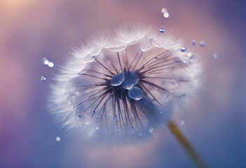 Beautiful dew drops on a dandelion seed macro Beautiful soft light blue and violet background Water