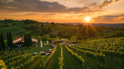 Captivating sunset over a vineyard where an event with people enjoying unfolds amidst the grapevines