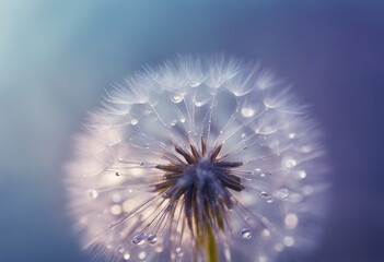 Beautiful dew drops on a dandelion seed macro Beautiful soft light blue and violet background Water