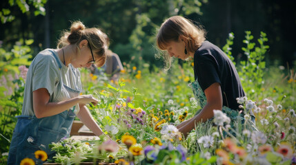 Two focused gardeners attentively nurturing flowering ornamental plants in a garden