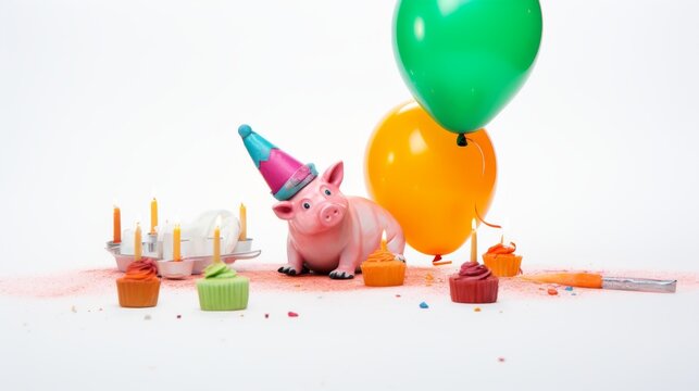 photo of a happy pig in a red hat, green sneakers sitting in spilled paints on a white background surrounded by orange balloons, a cupcake with a candle, falling sparkles --ar 16:9 --quality 0.5 -