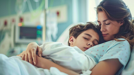 Mother comforts sick son at hospital son who is recuperating and hugged his mother with love, giving her warmth in the hospital. - obrazy, fototapety, plakaty