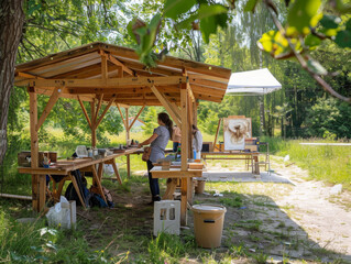 A serene setting captures artists working on their crafts in a wooden pavilion surrounded by lush greenery and equipment
