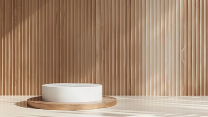 Fototapeta na wymiar Brown wood and white pedestal podium with vertical wood pattern background,茶色の木と白い台座表彰台、垂直の木の模様の背景,Generative AI