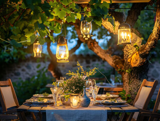 An enchanting evening dinner setup under a vine canopy with elegant table settings and warm lighting