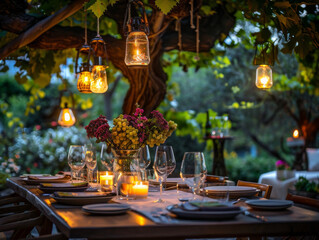 A magical dinner scene under a vine canopy, softly lit by candles and lanterns, inviting and warm