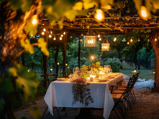 A romantic outdoor dinner setting bathed in warm light from an array of strung bulbs and lanterns