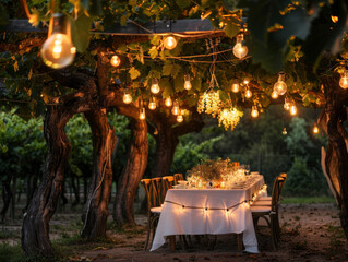An elegant outdoor dinner setup under vine leaves and hanging lights, invoking a magical evening ambiance