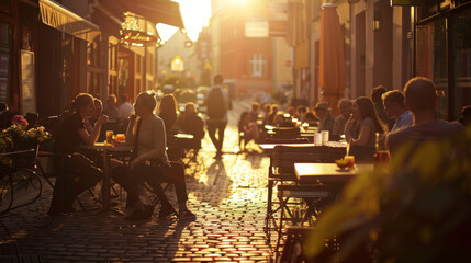 The romantic glow of sunset over a charming outdoor dining scene with couples and friends gathering