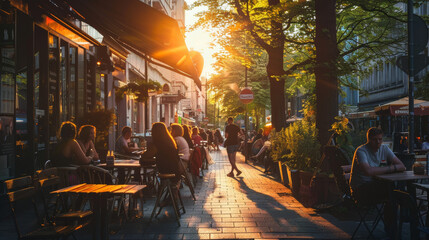 Sunset illuminates a city sidewalk cafe bustling with diners and passersby in a picturesque urban setting