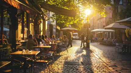 The golden hour sun casts a serene glow over an outdoor dining area lined with trees and people enjoying meals