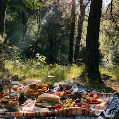 A lush forest setting bathed in sunlight highlights a spread of fresh eats for a picturesque picnic scene