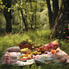A serene picnic setup with a variety of fruits laid out on a colorful blanket under the shade of trees