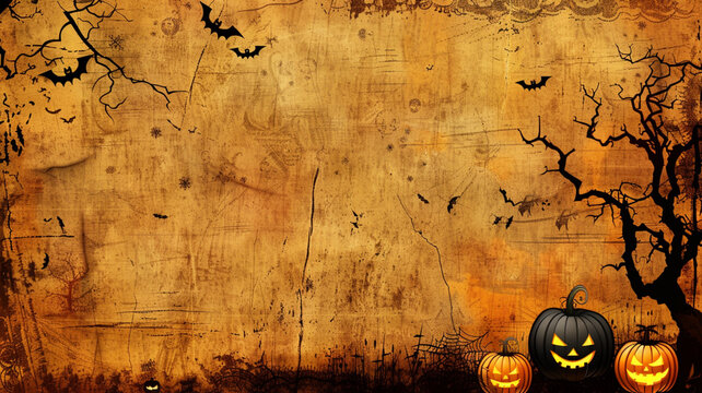 Halloween pumpkin and bats background image, copy Orange banner background with space,ハロウィンのカボチャとコウモリの背景画像、コピー スペースのあるオレンジのバナーの背景,Generative AI	