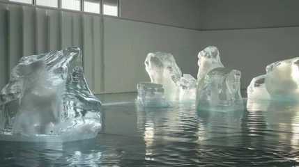  A mixed media installation consisting of ice sculptures melting into a pool of water representing the fragility of glaciers and the urgent need to take action against climate © Justlight