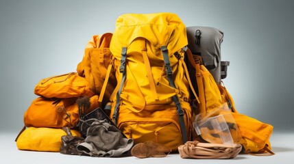 Tourist yellow fabric hiking backpack against a background of scattered things, WHITE BACKGROUND --ar 16:9 --quality 0.5 --v 5.2 Job ID: ff3d4917-10c1-4079-b1a0-921970e457ad - obrazy, fototapety, plakaty