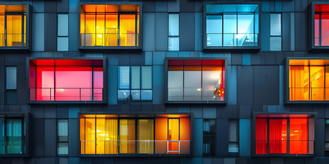 windows of a building, Vibrant Night View of a Multi coloured Apartment Building with Illuminated Windows Generated by AI, Futuristic skyscraper reflects vibrant city life at dusk, A colour building, 
