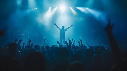 Silhouette of happy young man with raised hands in front of live concert stage