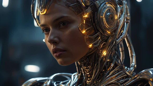 Female cyborg portrait golden glow helmet