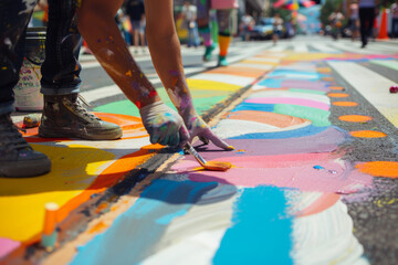 Hands covered in paint vividly transform the street into a kaleidoscope of bright, expressive colors