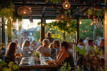 A group of people enjoy a meal together at an outdoor restaurant adorned with stylish lanterns and lush plants