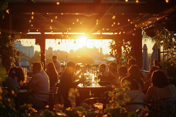 The warm glow of sunset enhances the urban skyline, as seen from a bustling rooftop lounge with patrons