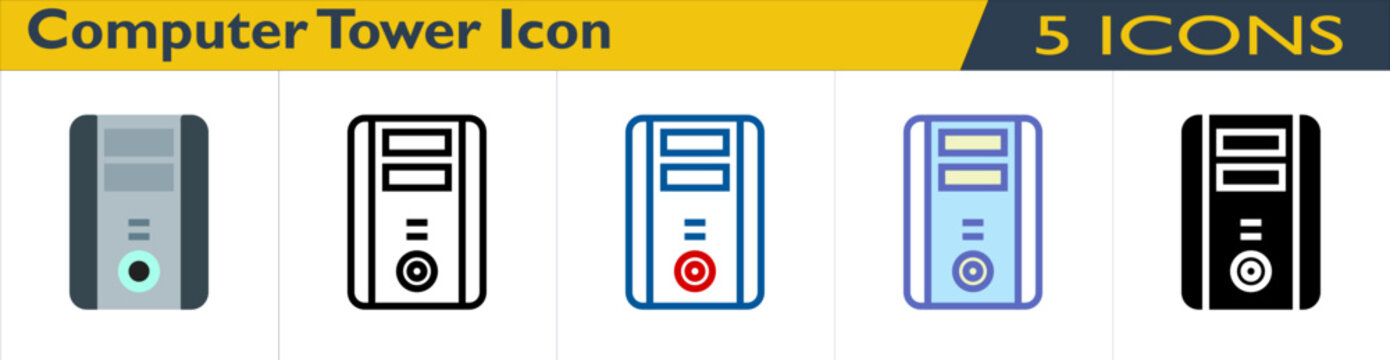 Computer Tower icon with 5 styles (outline, color lineal, color outline, solid and color)