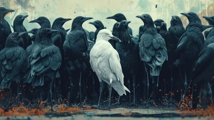 Foto op Canvas Standing out from the crowd , white bird standing between man gray birds, Generative AI illustration © 2D_Jungle