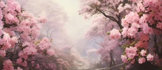 Obraz na płótnie Canvas A natural landscape painting depicting a cherry blossom forest filled with pink flowers, set against a vibrant sky backdrop, with trees, twigs, and petals creating a serene and picturesque scene