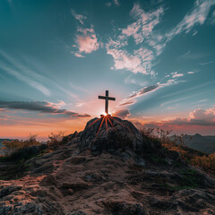 Cross of Jesus Christ on the top of the mountain during sunset.