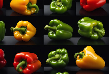 Group of bell peppers on black reflective background