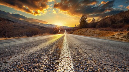 Open road at sunset leading through a scenic landscape, Concept of travel, journey, and the freedom of the open road
 - obrazy, fototapety, plakaty