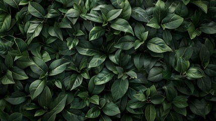 A background filled with dark green leaf bushes, offering a dense and natural texture for various design needs - obrazy, fototapety, plakaty